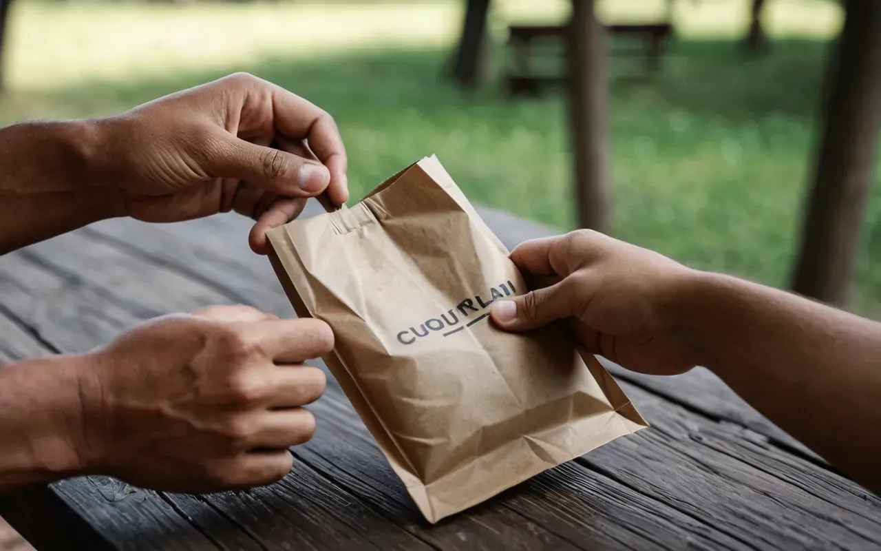 Close up of two hands passing a small paper bag over a wooden table in a bright natural setting suggesting a friendly exchange without any visible text or labels.
