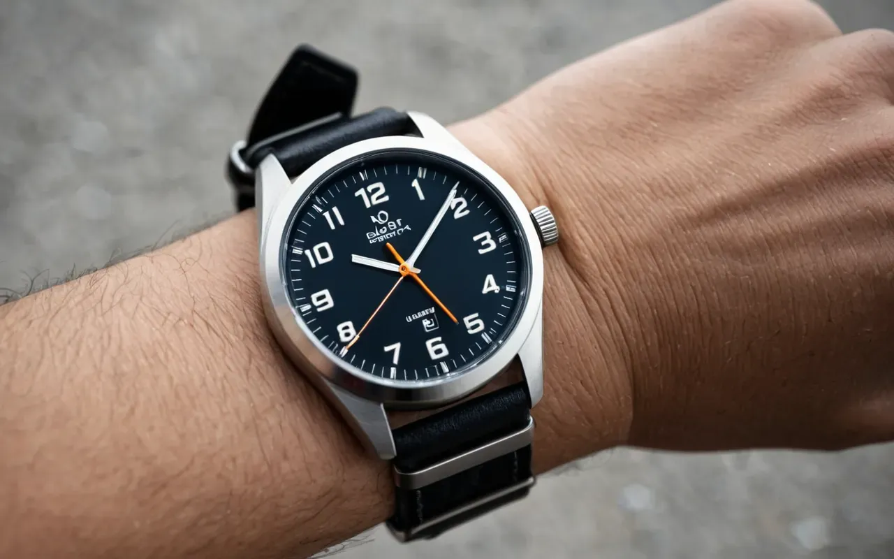 Close up view of a modern wrist watch face with simple black strap on a concrete surface showing time passing in soft diffused light editorial style