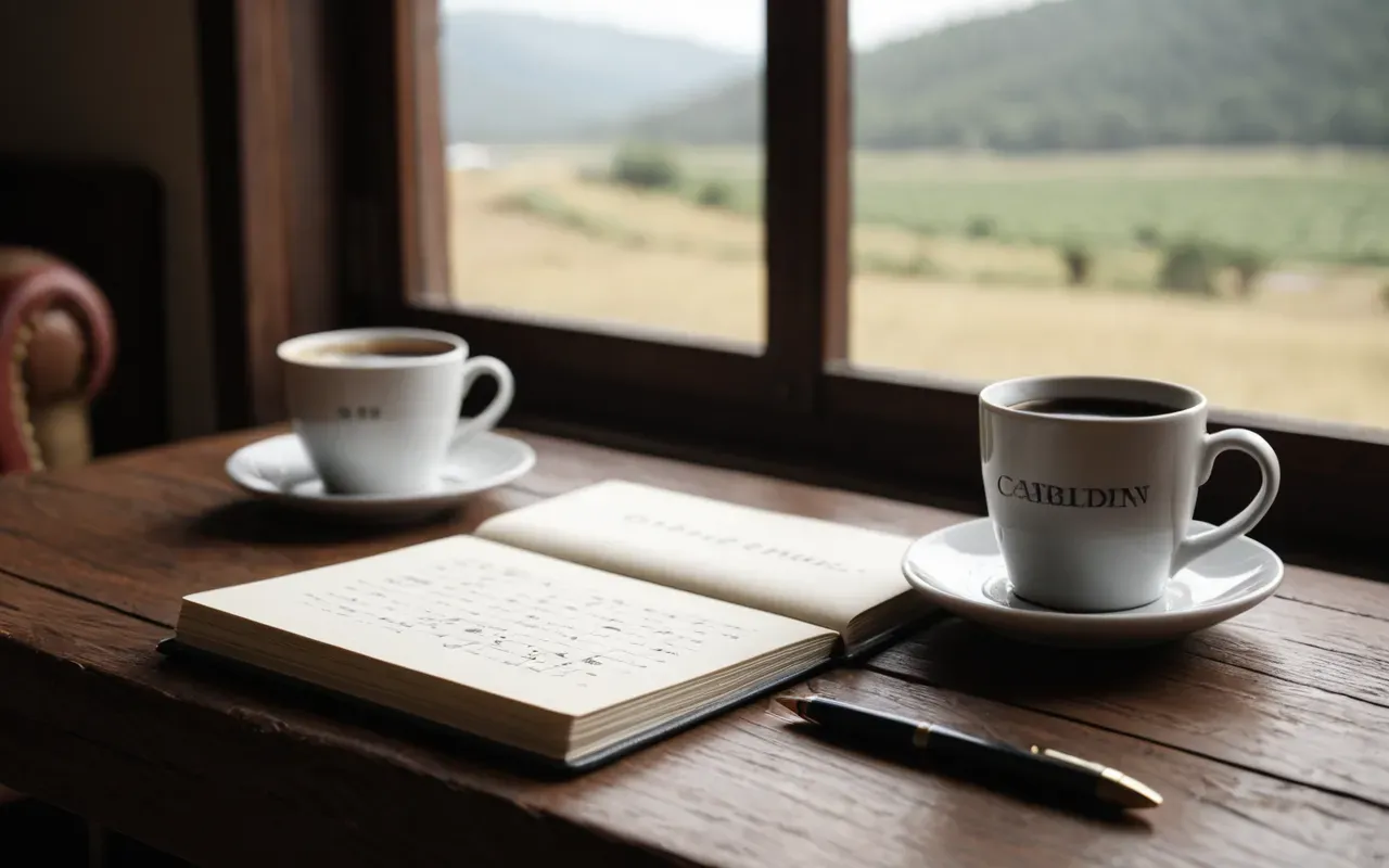 Editorial still life of a travel itinerary notebook, a pen, and a cup of coffee on a wooden table near a window with soft natural light.