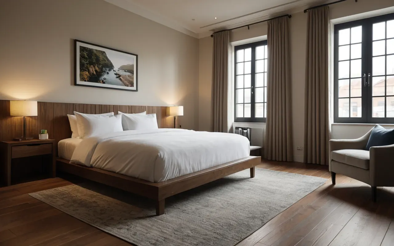 Interior of a modern boutique hotel suite with made bed, neutral linens, and large windows, soft morning light streaming in creating warm shadows on wooden floors