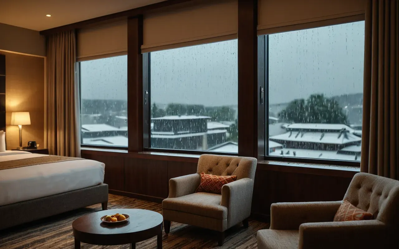 Interior of a modern hotel suite with warm lighting, plush armchairs, and large windows showing rain falling outside, cozy atmosphere.