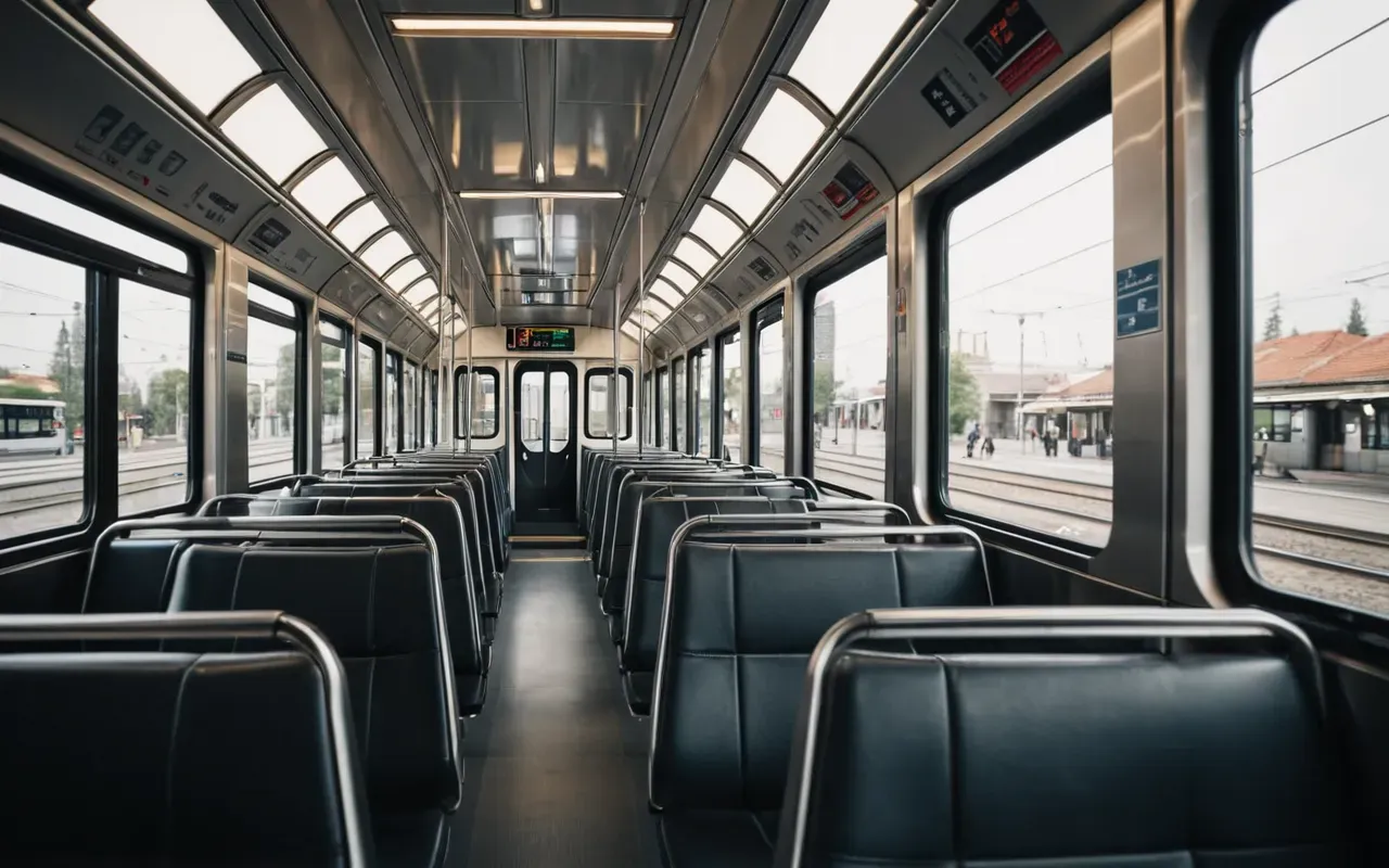 Interior of a modern public tram with empty seats and clean windows showing a blurred cityscape outside, bright natural light from overhead sources, contemporary design elements.