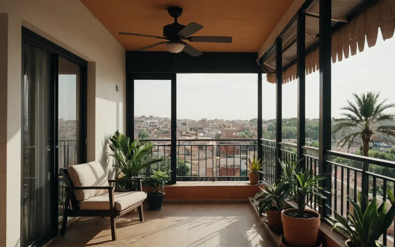 Interior view of a modern apartment balcony with potted plants and a ceiling fan spinning slowly in the warm air creating a domestic summer scene.