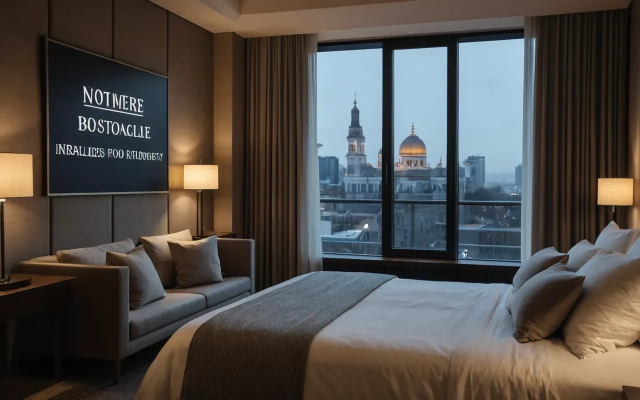 Interior view of a modern boutique hotel room with made bed neutral linens and large windows showing city lights outside at night soft warm lighting editorial photography