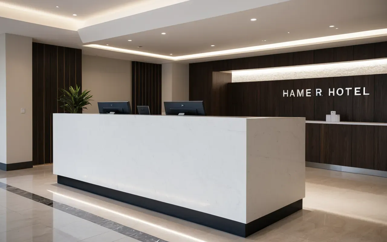 Interior view of a modern hotel reception desk with clean white surfaces and soft ambient lighting creating a calm professional atmosphere editorial photography style
