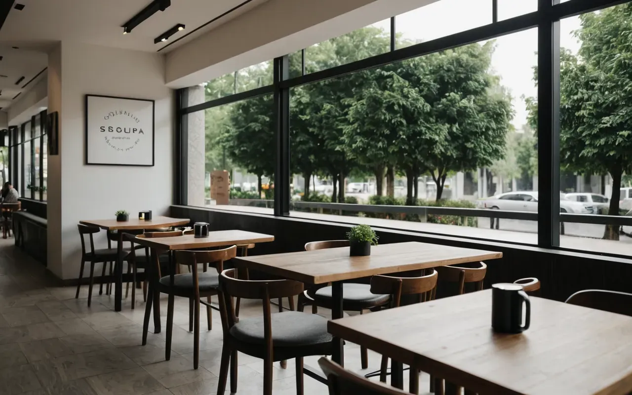 Interior view of a modern minimalist cafe with wooden tables and large windows showing green trees outside soft natural light and clean neutral tones without any people or text visible.