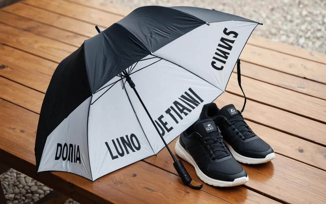 Minimalist flat lay of a compact folding umbrella and a pair of modern waterproof sneakers on a light wooden table surface with soft shadowing.