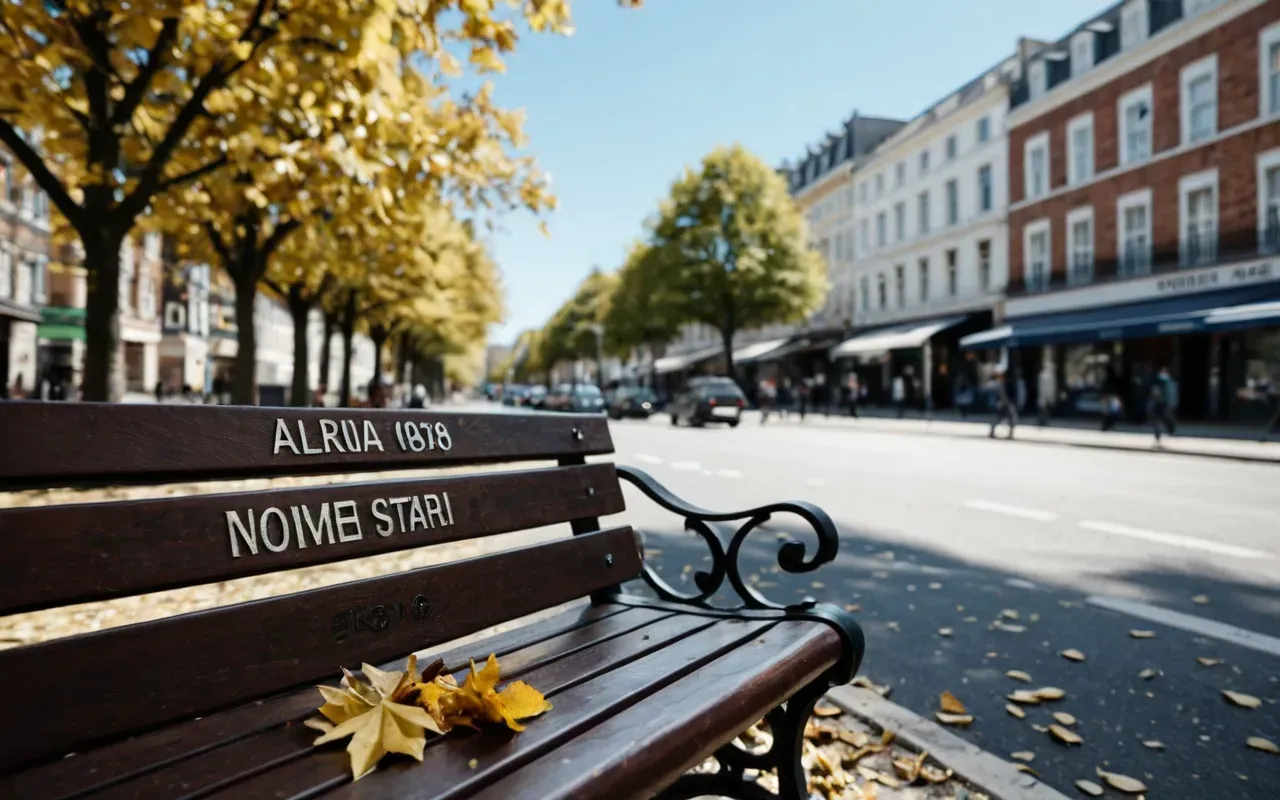 Split level perspective showing a sunny park bench in the foreground and a windy street scene with moving leaves in the midground under a blue sky.
