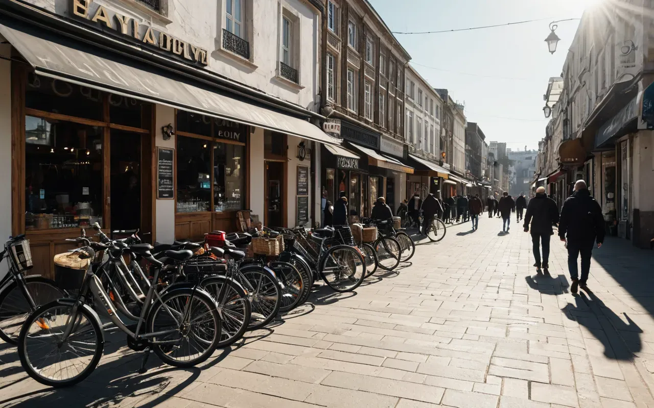 Wide angle view of a busy pedestrian street in the early morning with sunlight casting long shadows and people walking past shop fronts and bicycles parked along the curb.