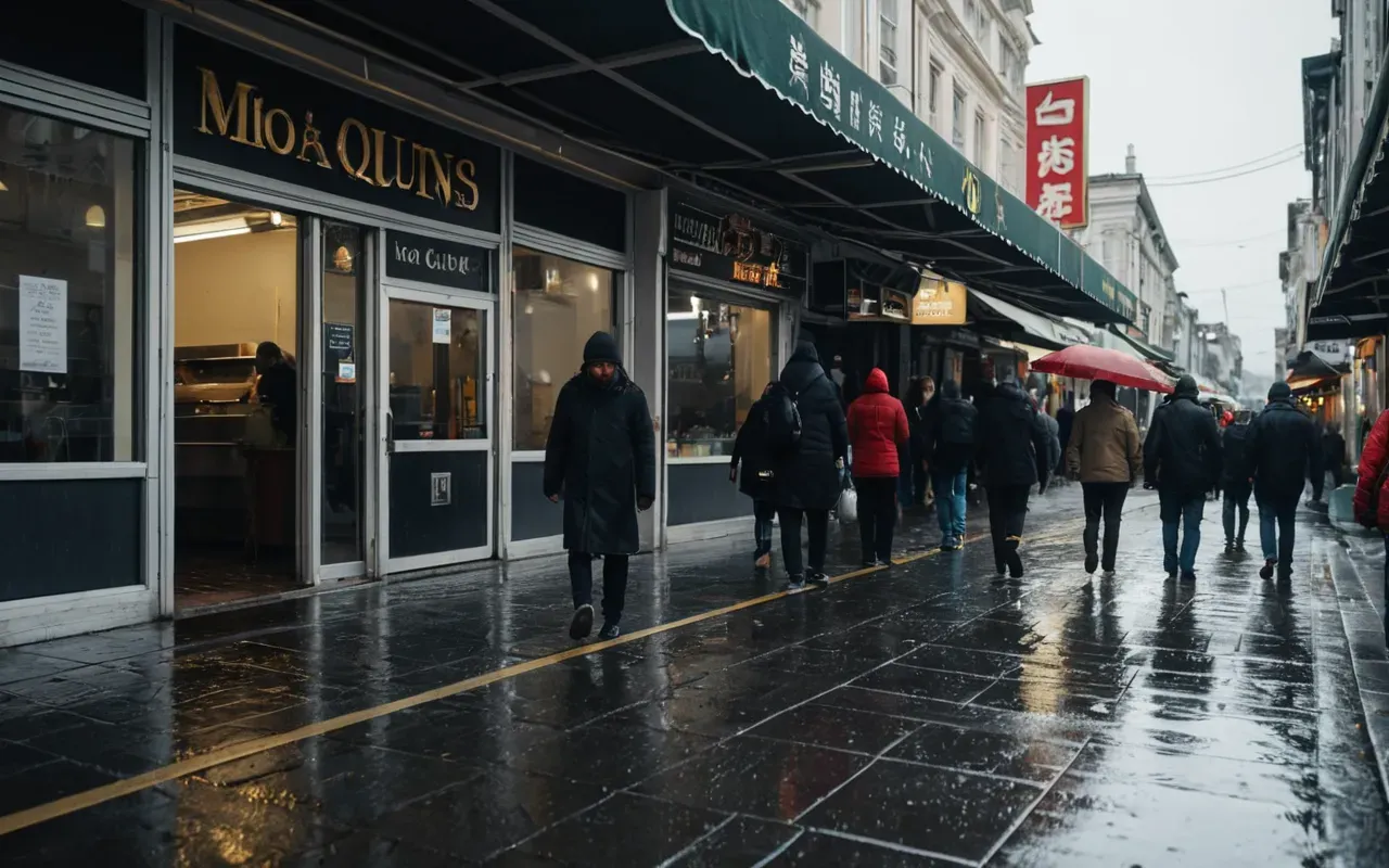 Wide angle view of people walking under awnings on a busy commercial street with wet pavement reflecting ambient light and no visible text or signs.