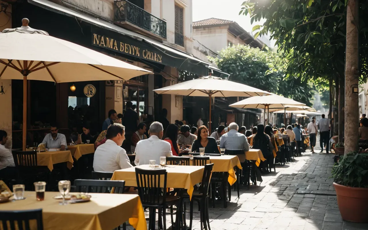Wide shot of a crowded outdoor cafe terrace in the afternoon with people sitting at small tables under umbrellas and soft sunlight filtering through leaves creating a busy social atmosphere without visible text or signage.