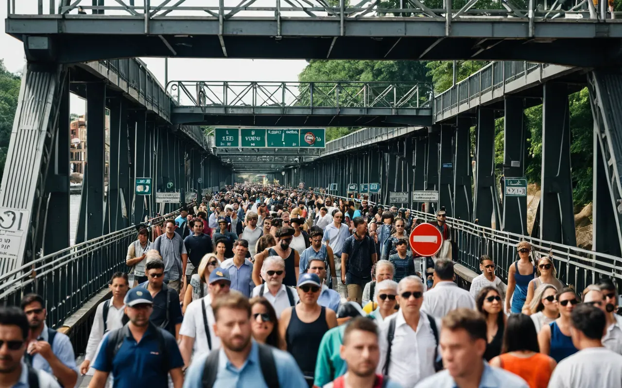 Wide shot of a crowded pedestrian bridge over water with people looking confused, summer clothing, bright daylight, editorial photography style showing dense crowd density without any text or signs.