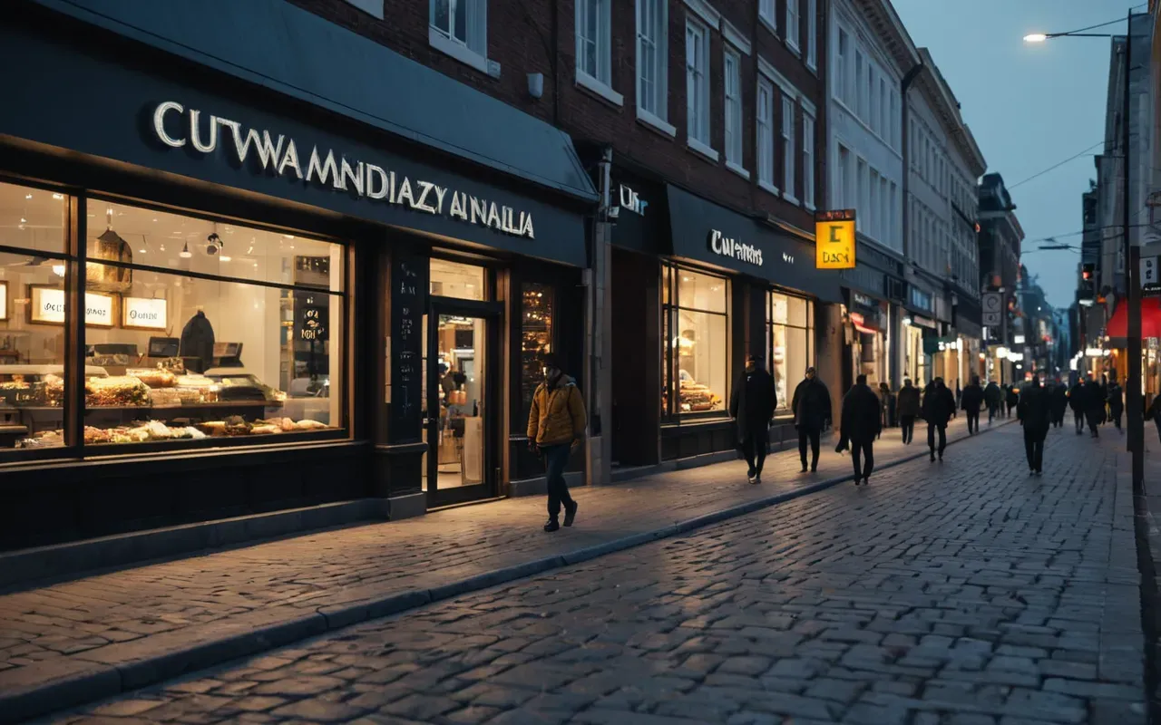 Wide shot of a modern city street at dusk with illuminated shop windows and pedestrians walking on a clean paved sidewalk soft ambient lighting editorial style