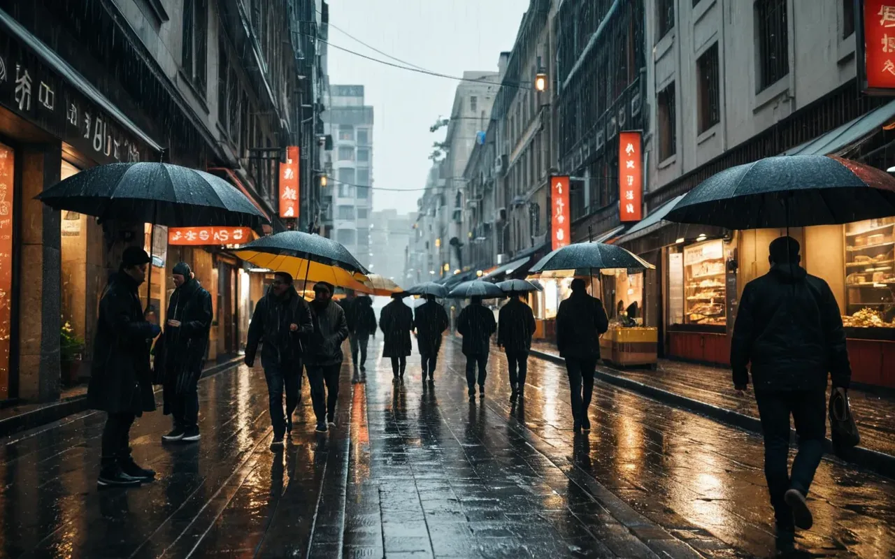 Wide shot of a modern city street with people walking under umbrellas during light rain, reflecting lights on the wet pavement.