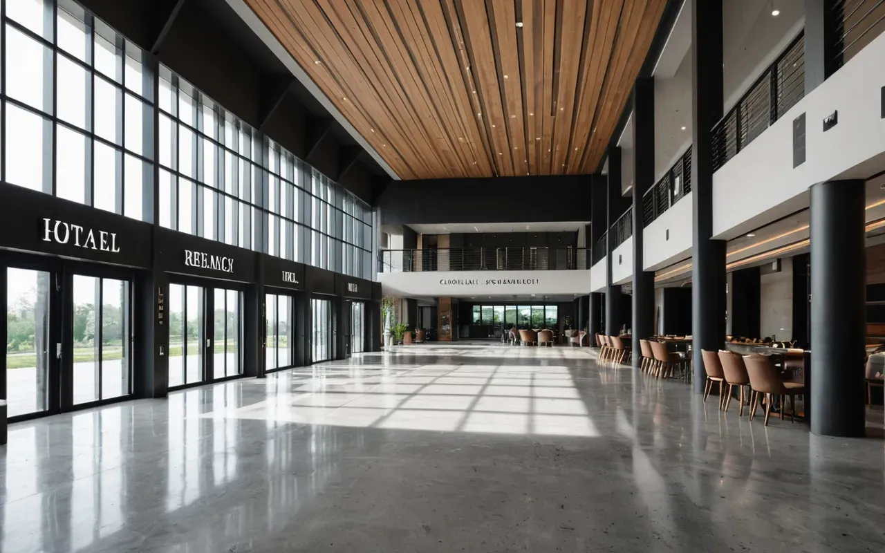 Wide shot of a modern minimalist hotel lobby with high ceilings polished concrete floors and large windows letting in soft natural daylight editorial photography style