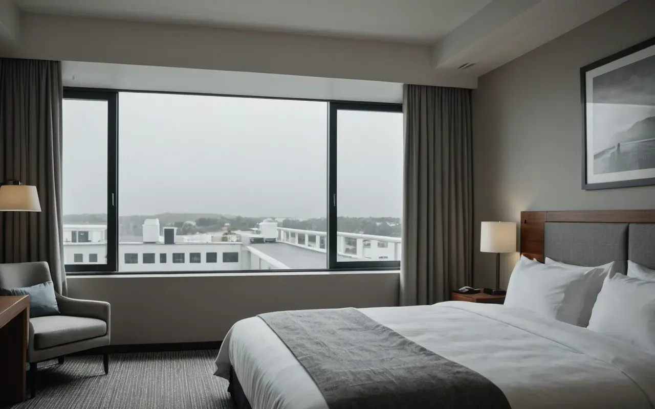 Wide shot of a modern minimalist hotel room interior with large windows looking out onto a grey overcast sky, soft diffused daylight, neutral linen bedding, and a clean wooden floor.