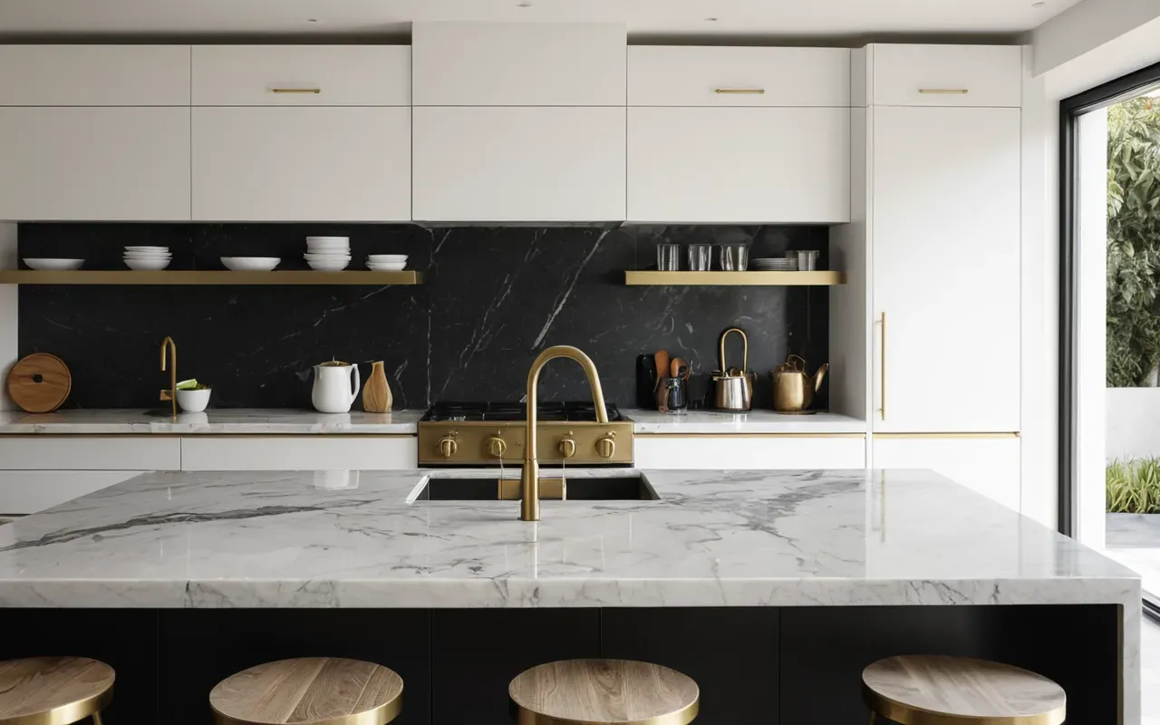 Wide shot of a modern minimalist kitchen interior with marble countertops, brushed brass fixtures, soft natural daylight, editorial photography style showing clean lines and neutral tones