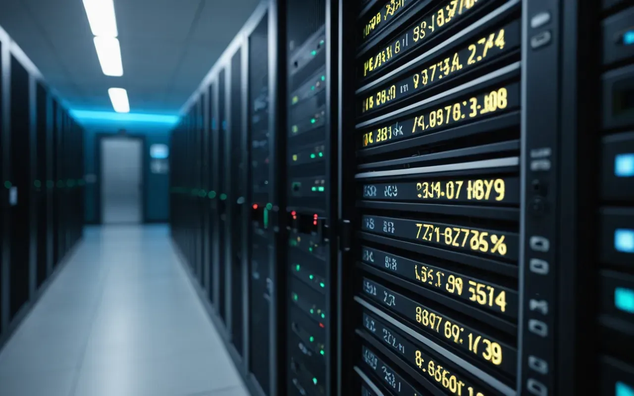 A blurred abstract representation of digital data streams flowing into a secure server room with soft blue lighting and no visible text or screens.