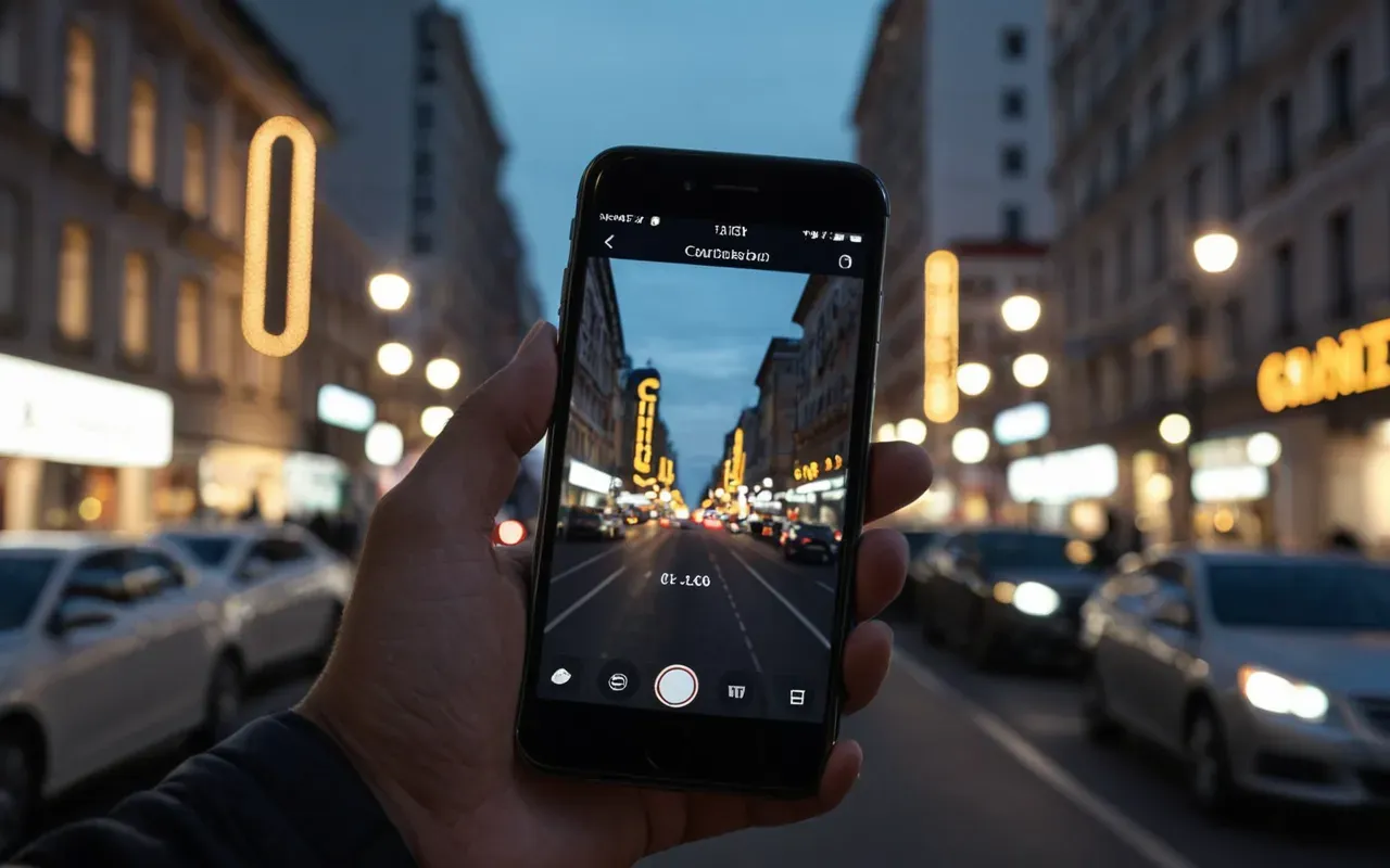 A blurred background view of a busy modern city street at dusk with soft bokeh lights from cars and buildings. In the foreground a person holds a smartphone with their face obscured by shadow emphasizing anonymity in a public urban environment without showing any specific faces or recognizable landmarks.
