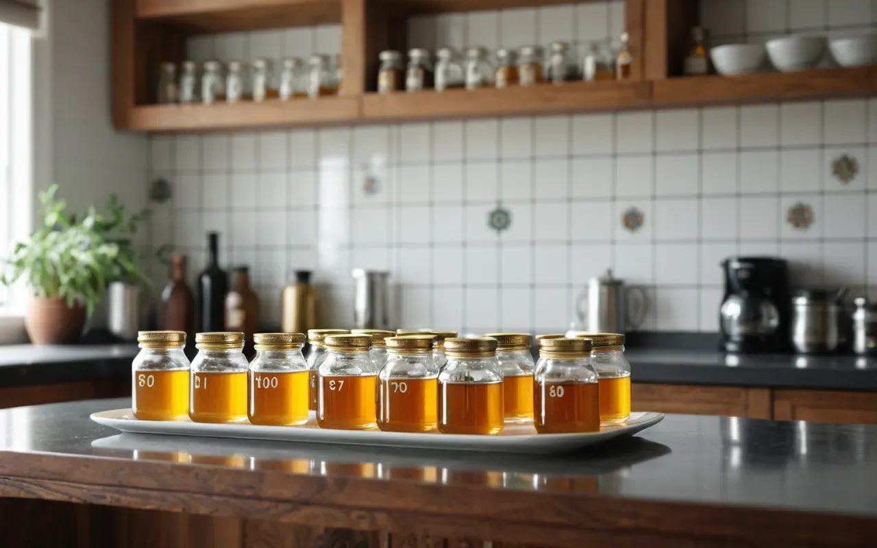 A bright modern kitchen counter showing several small clear glass bottles filled with golden honey alongside neatly stacked white ceramic plates and simple green planters natural daylight highlighting the clean minimal aesthetic without any visible labels or writing.
