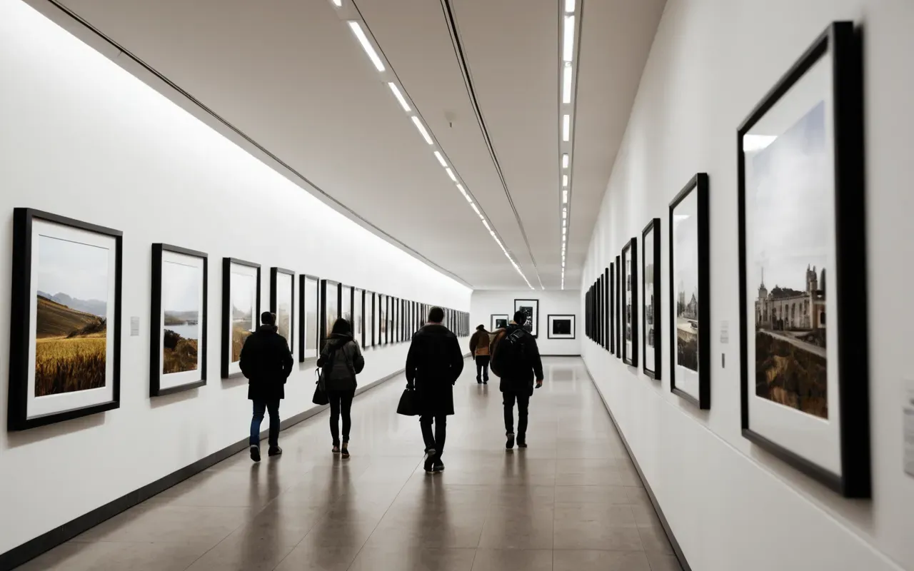 A busy modern museum hallway with blurred figures of people walking past large empty frames on the walls under bright white lighting.