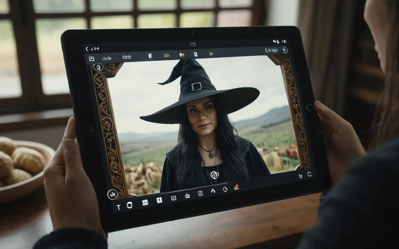 A close-up of a concept sketch on a tablet screen showing a witch character design, with a blurred painting in the background, natural light from a window, focused on the drawing tools, no text visible