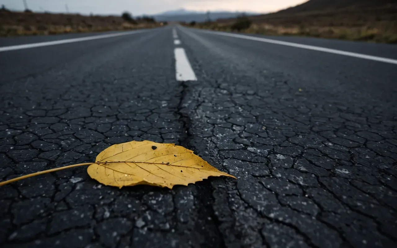 A close up of a cracked asphalt road surface. A single leaf rests in the crack. The lighting is dim and moody. No people or vehicles are visible.