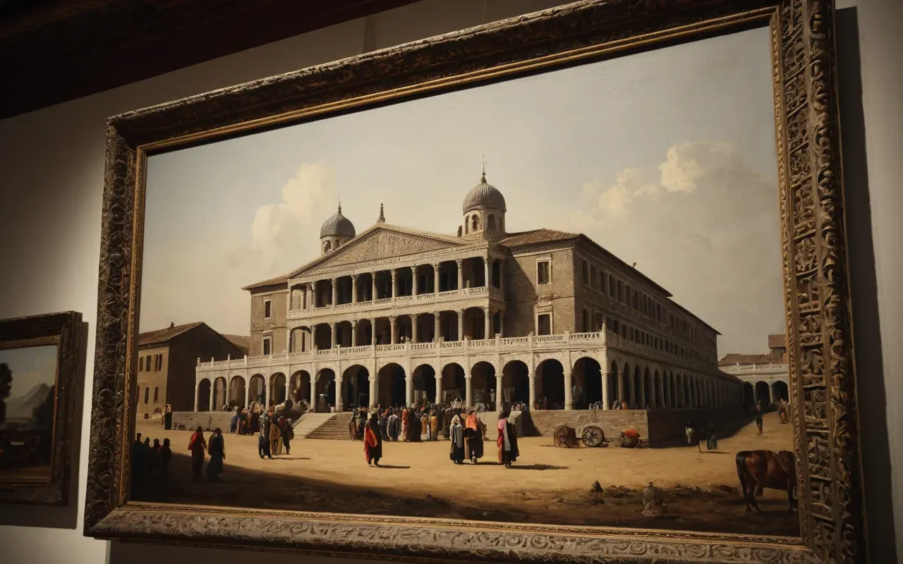 A close up of a historic painting with visible brushstrokes and texture under bright museum lighting highlighting the intricate details without any frames or background clutter.