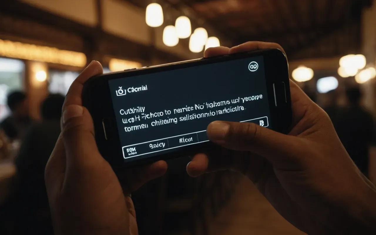 A close up of a person's hands holding a smartphone with the screen glowing softly in dim ambient light. The background is blurred but suggests an indoor gathering space.
