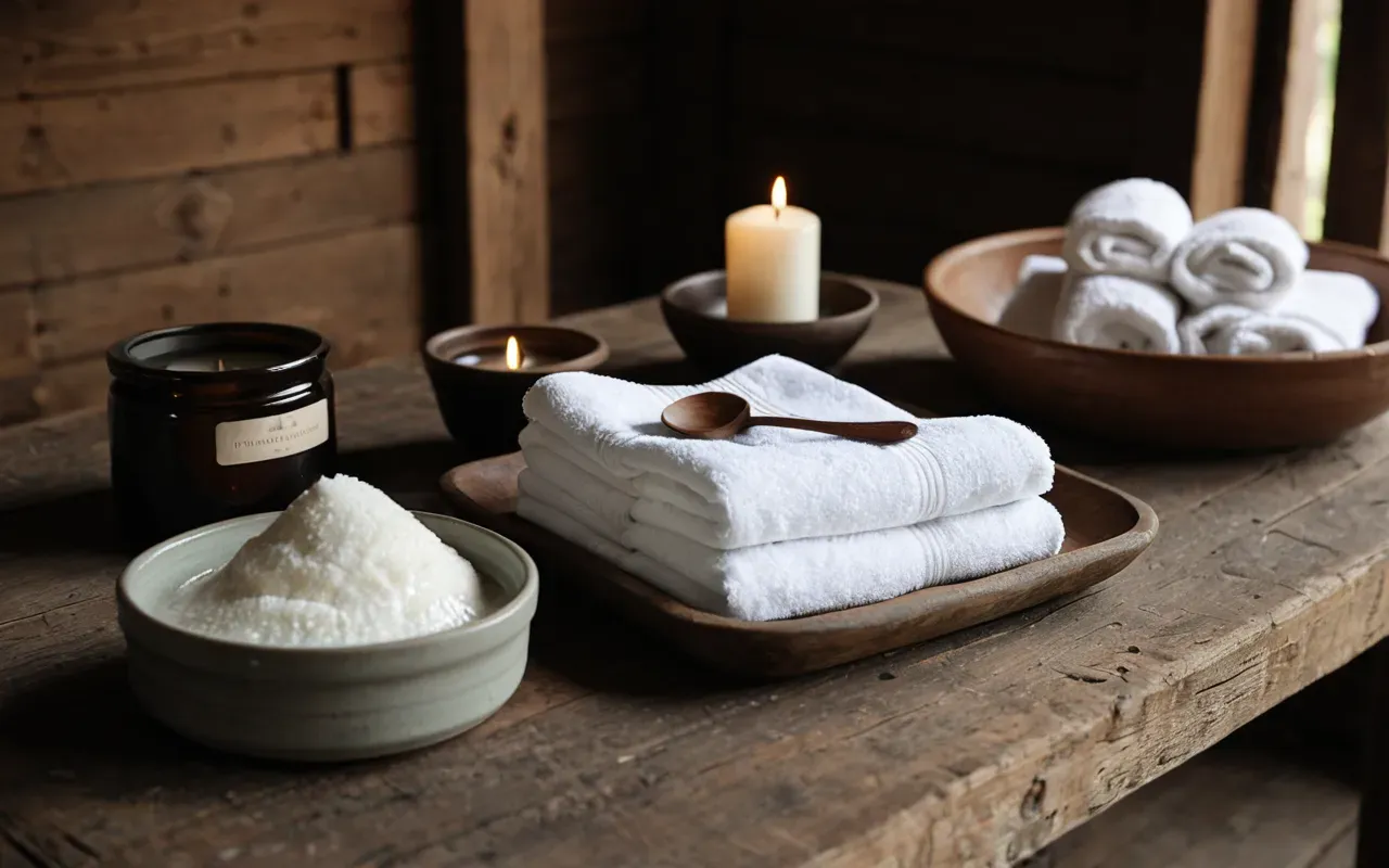 A close up of a rustic wooden table displaying neatly folded small white towels next to simple ceramic spoons and small glass jars with natural wax candles soft warm lighting creating an inviting atmosphere without any visible text or branding.