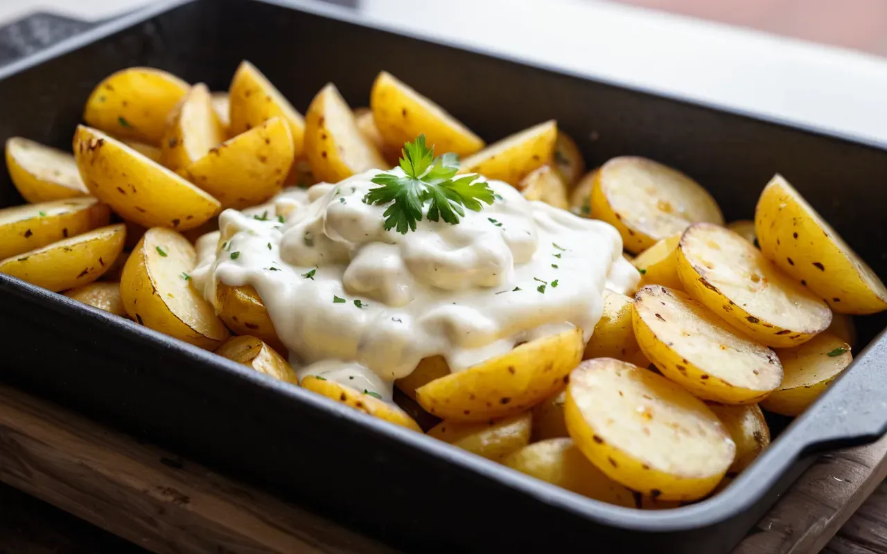 gourmet french fries closeup A close-up of golden fried potatoes in a paper tray topped with white sauce and grated cheese. The lighting is bright and appetizing.