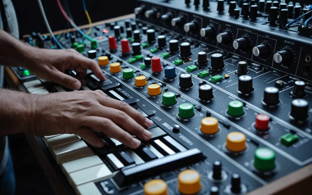 music production A close-up of hands adjusting knobs on a complex modular synthesizer panel, with colorful patch cables connected, set against a dark background with soft blue ambient lighting, emphasizing the technical and creative nature of electronic music production.