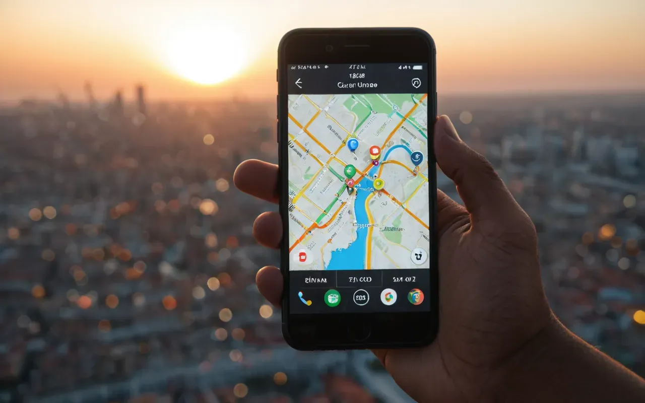 mobile travel booking A close-up view of a hand holding a modern smartphone displaying a colorful map interface with location pins against a blurred city background at sunset.