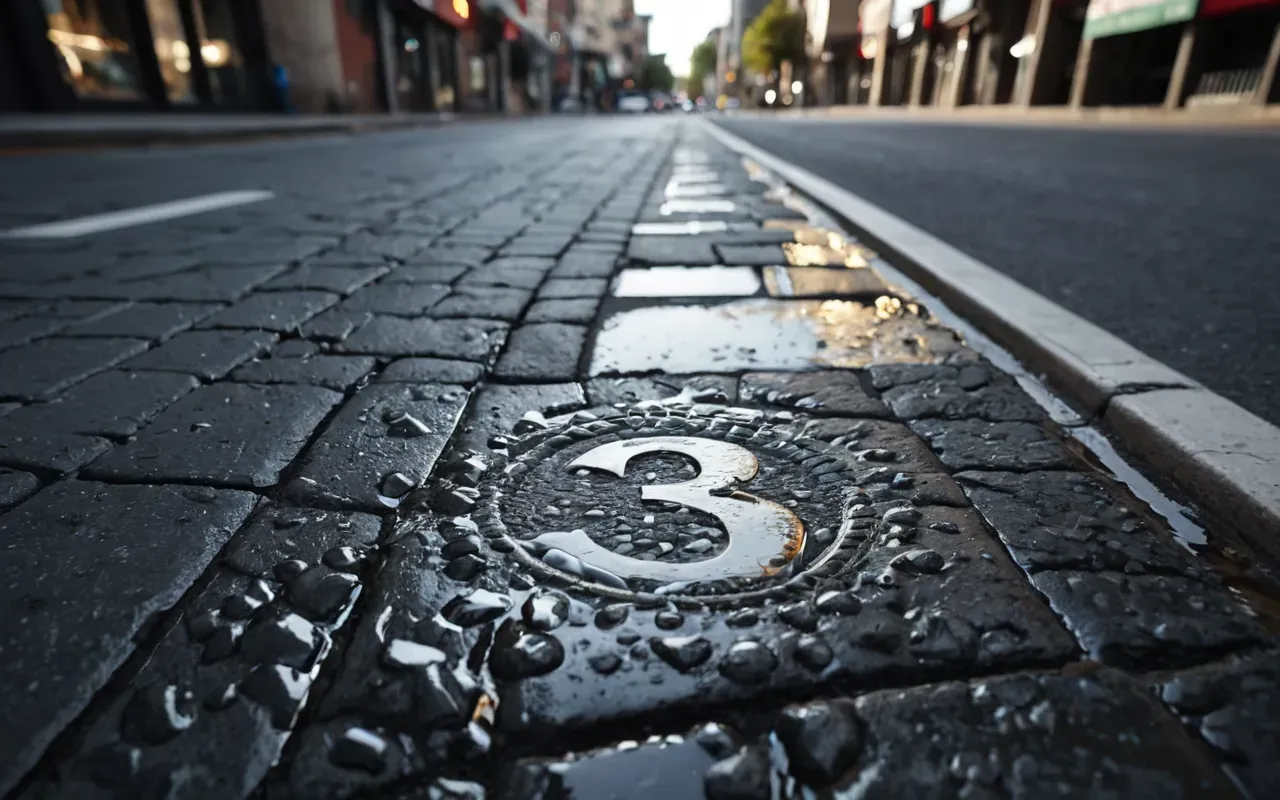 A close-up view of a modern urban street corner where water is bubbling up from a cracked pavement surface. The water is clear and reflects the surrounding glass buildings. The lighting is bright daylight, highlighting the wet texture of the concrete and the urgency of the scene. The composition focuses on the source of the leak without showing any people or signs.