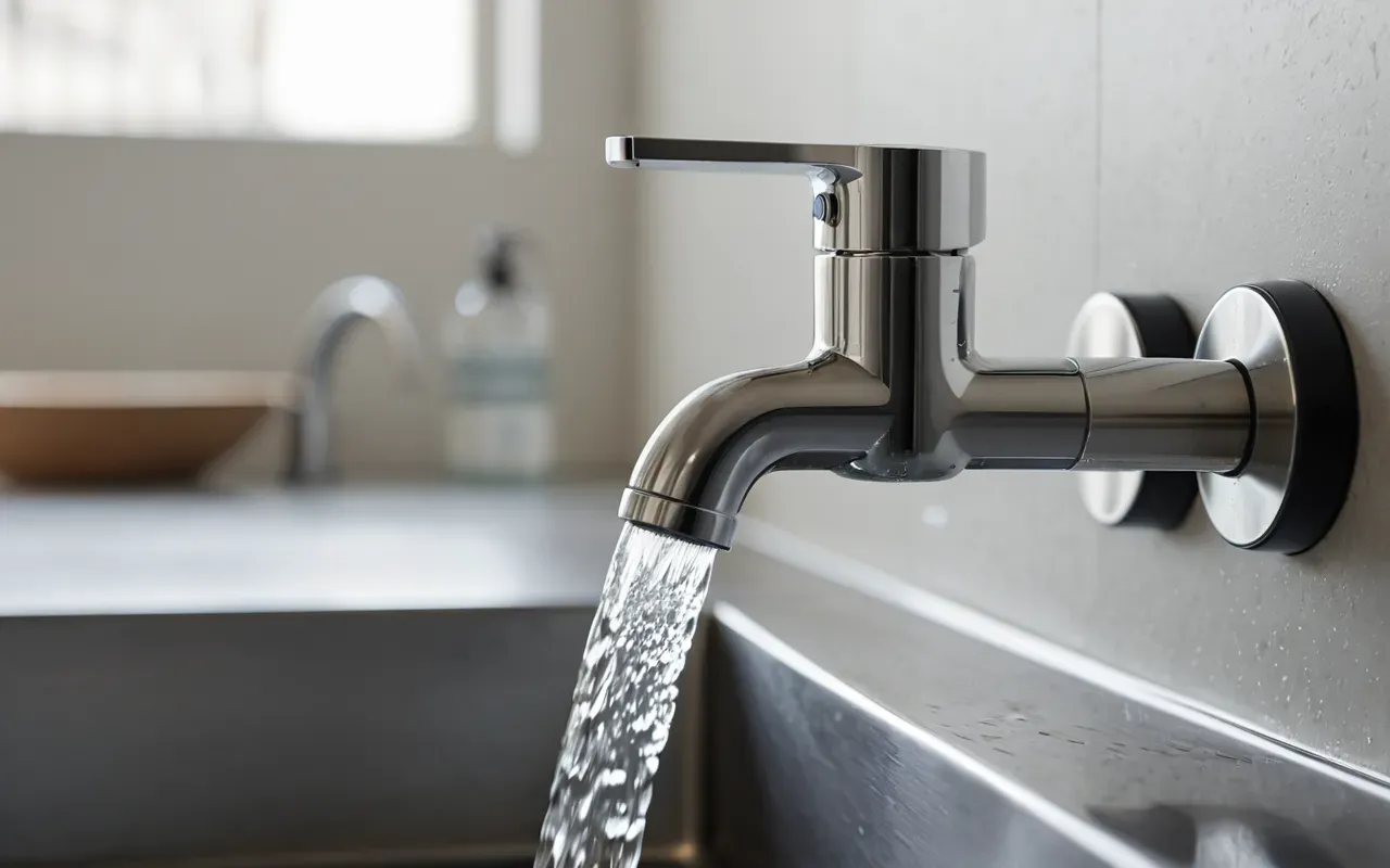 A close-up view of a modern water faucet with a steady stream of clear water. The background is blurred, showing a clean, bright interior space. The lighting is soft and natural, emphasizing the purity and flow of the water. The composition is simple and focused on the utility of the fixture.