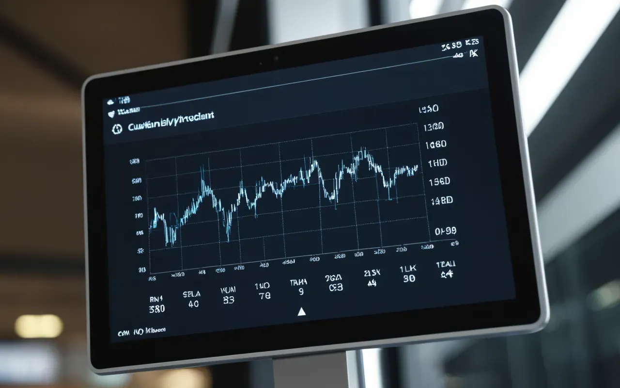 A close up view of a sleek modern tablet screen displaying abstract geometric patterns that represent data streams flowing across the display. The lighting is soft and cool with blue tones reflecting on the glass surface creating a sense of digital movement without any visible text or icons.