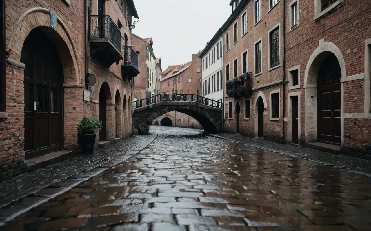 A close up view of a wet cobblestone street corner in an old town center with tall brick buildings and a wooden bridge arching over a narrow canal under soft morning light without any visible signs or text.