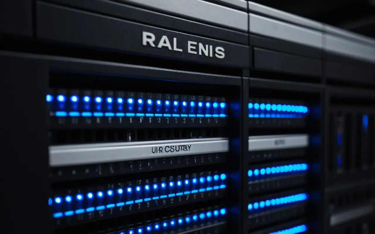 A close-up view of fiber optic cables bundled tightly inside a modern server rack with blue and white LED status lights glowing softly in the dark background.