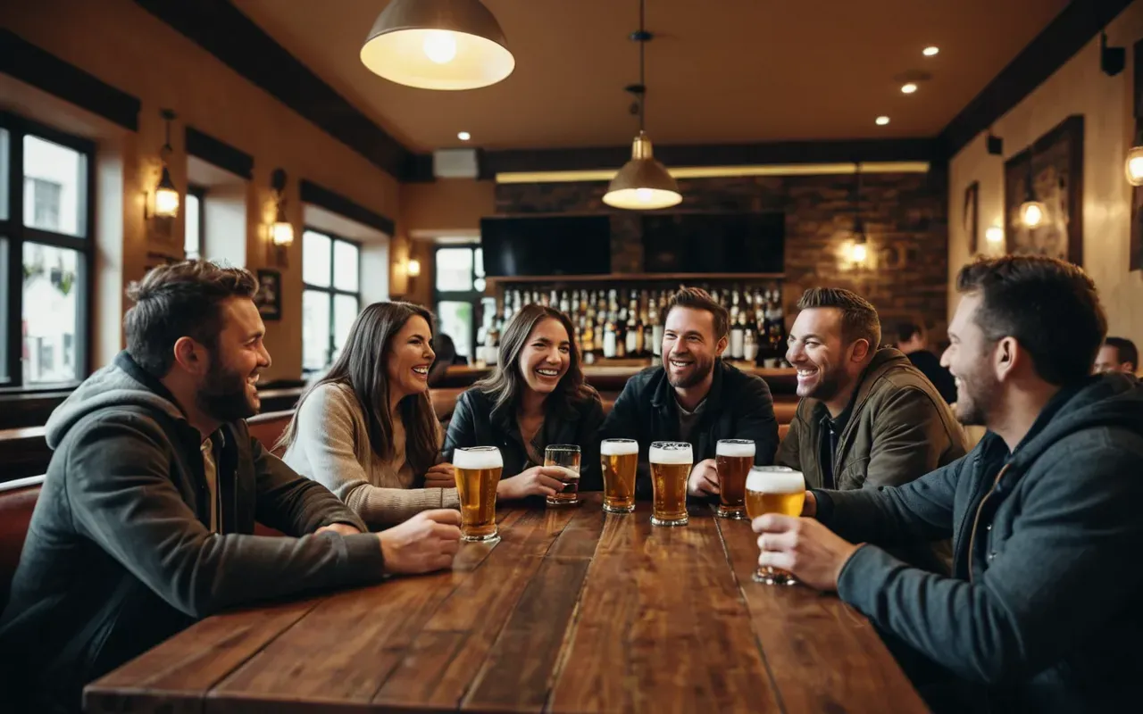 A cozy, modern gastropub interior with warm wooden tables and soft ambient lighting. A diverse group of friends are laughing and raising glasses of beer. The atmosphere is lively and welcoming, with no text or signs visible on the walls.