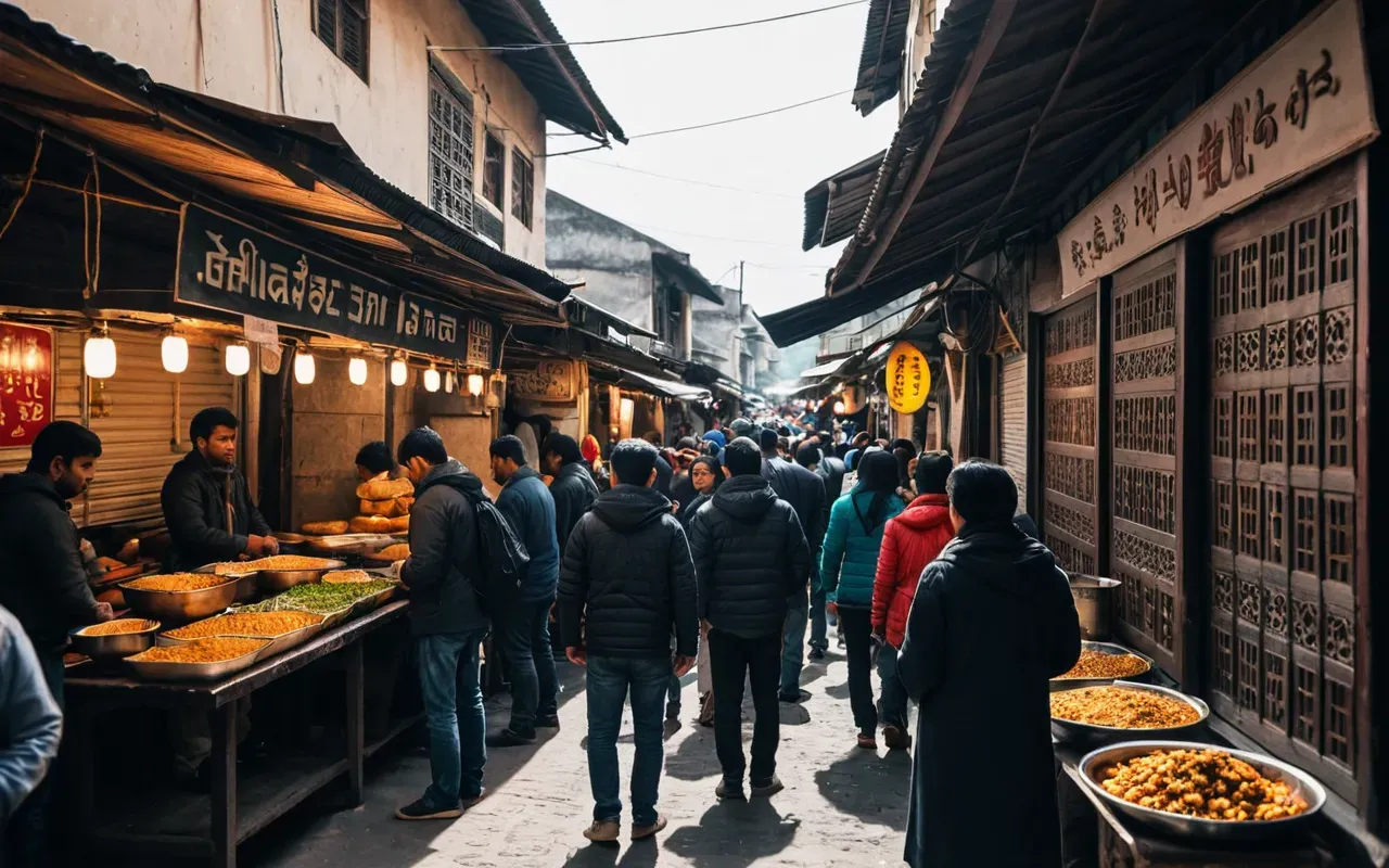 crowded tourist street scene A crowded narrow street with people standing in a long queue outside a small food stand. The atmosphere is busy and vibrant with daylight.