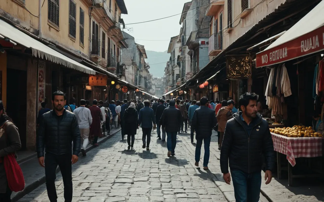 A crowded pedestrian street filled with people walking slowly in both directions. The atmosphere is dense and humid. No signs or text are visible. Just the flow of bodies moving against each other.
