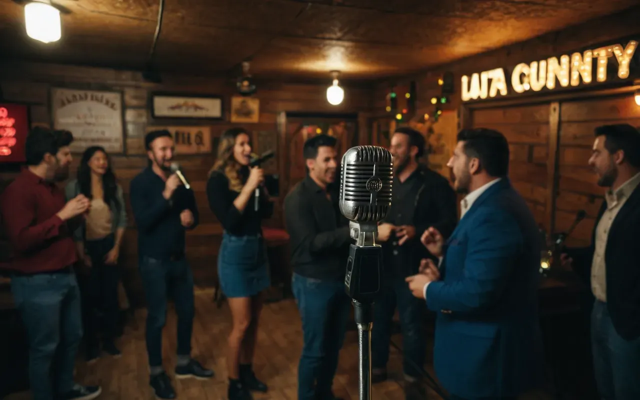 A dimly lit basement karaoke room with a vintage microphone on a stand. A group of people are singing and dancing. The lighting is colorful and festive. The room is filled with energy and joy, with no visible text or screens.