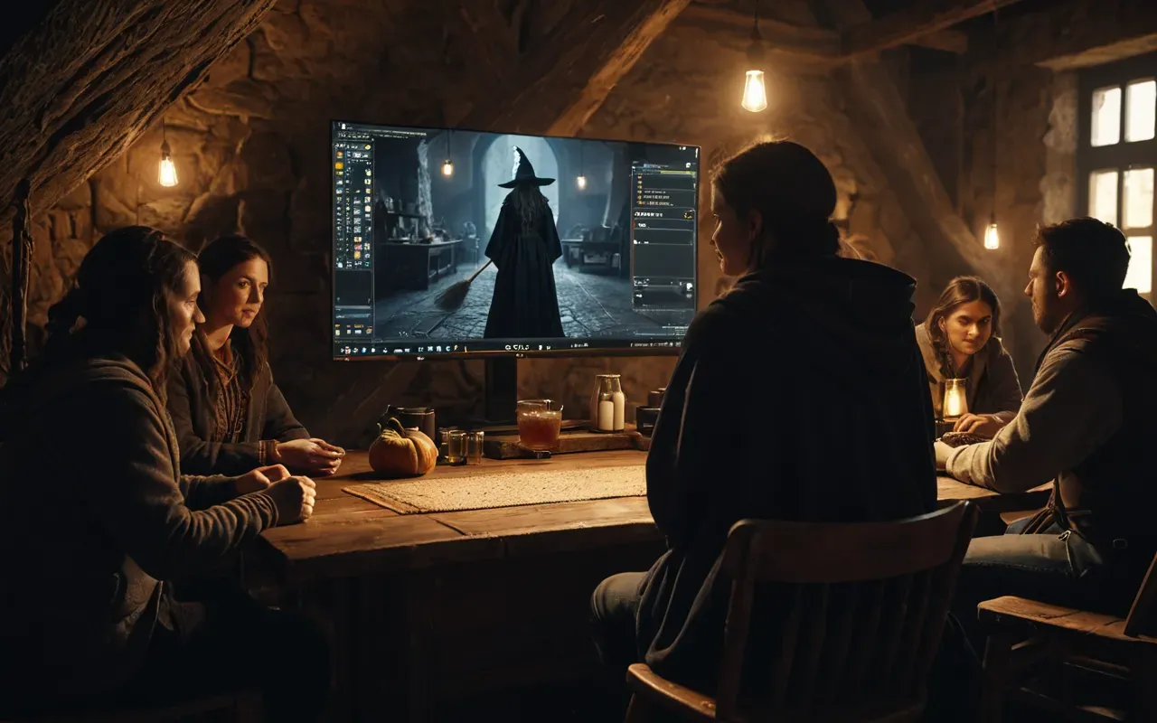 A dimly lit game development studio with a team of artists gathered around a large monitor displaying concept art of a witch character, warm lighting, focused expressions, modern office environment, no text visible