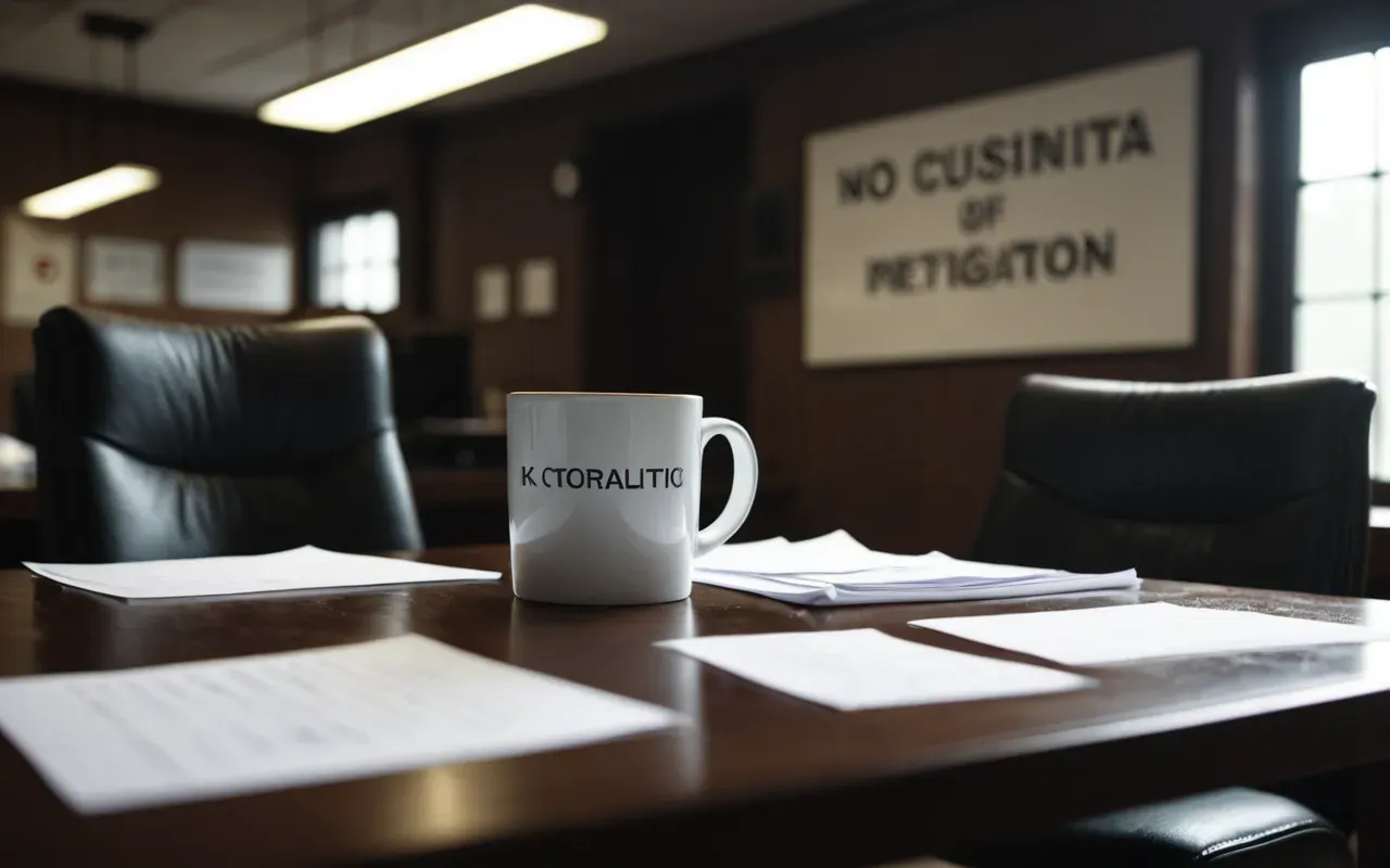 A dimly lit office room with two empty chairs facing a table covered in blurred documents and coffee cups, creating a tense atmosphere of negotiation.