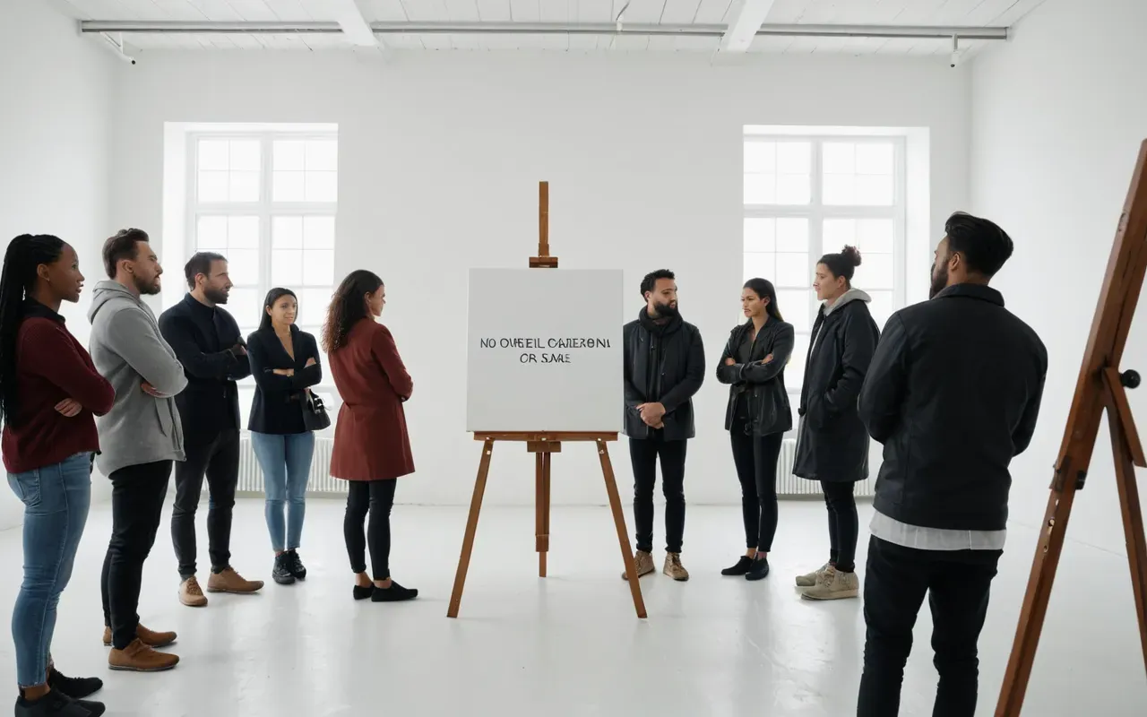 A group of diverse people standing in a circle looking at a large white canvas on an easel in a bright open studio space.