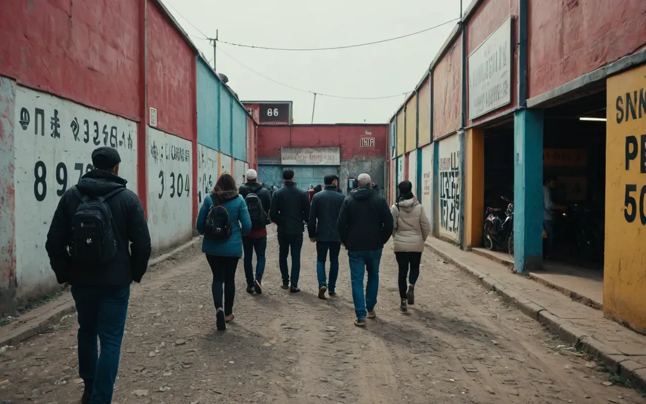 A group of people walking through an industrial area with colorful walls. They look engaged and interested in the surroundings.