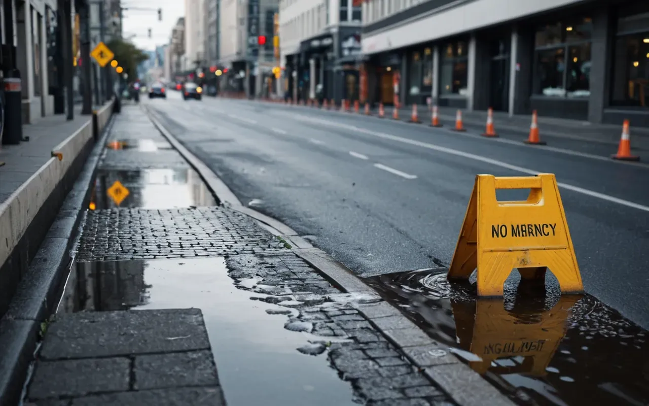 A modern city street scene with a small puddle near a curb, surrounded by temporary safety barriers. A worker in a high-visibility vest stands nearby, holding a clipboard. The lighting is bright and natural, capturing a typical daytime urban setting. The focus is on the practical response to a minor infrastructure issue.