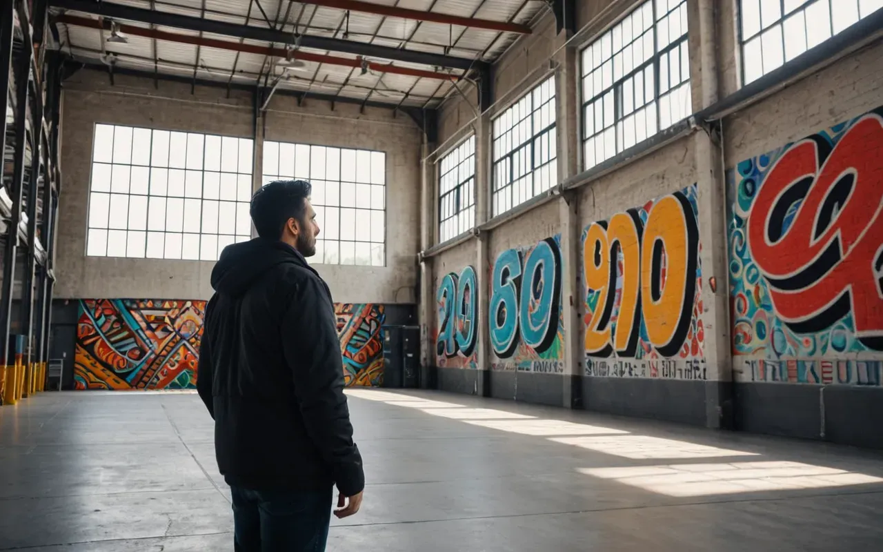 A modern industrial warehouse space with high ceilings and large windows letting in natural light. A person stands looking at a colorful abstract mural on the wall.