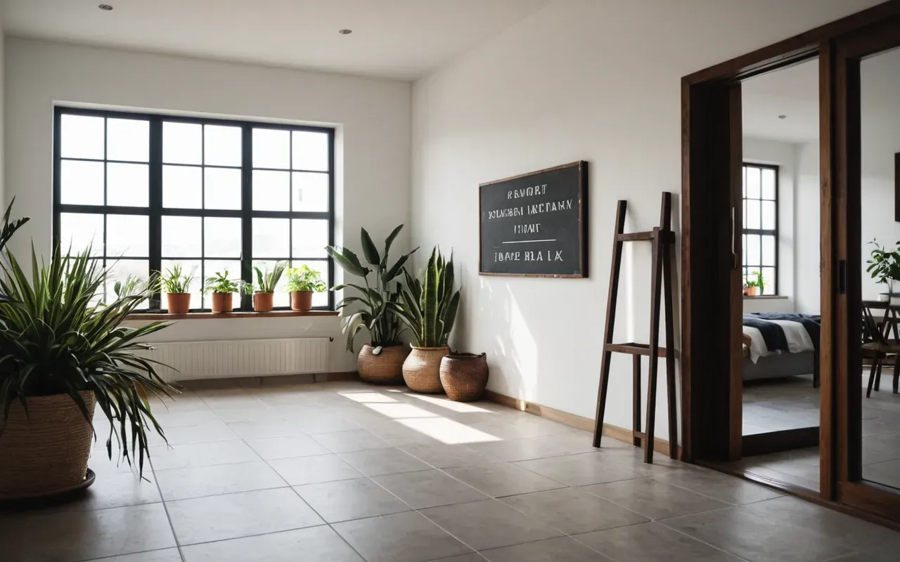 vacation rental market A modern minimalist interior of a vacation rental apartment with natural light streaming through large windows and potted plants on the floor.