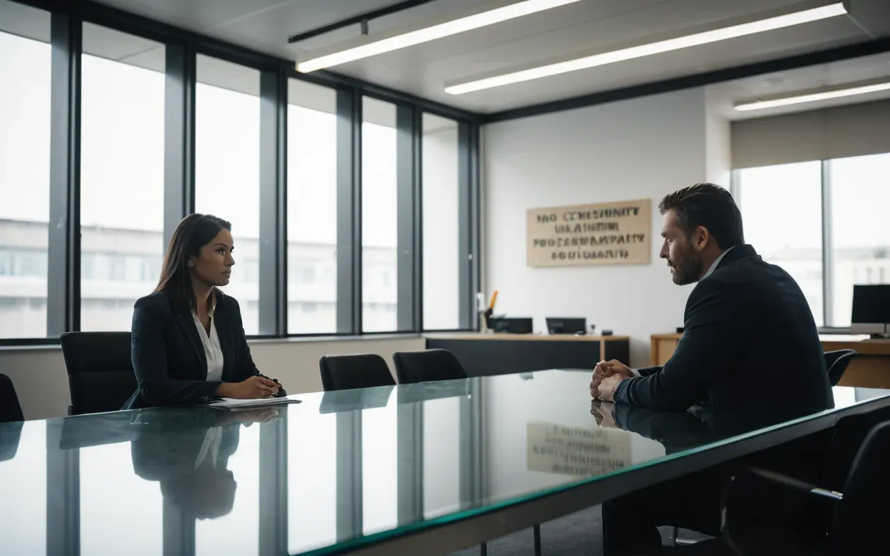 A modern office interior with a large glass table where two blurred figures sit across from each other, soft overhead lighting creating a serious professional atmosphere without any visible faces or text.